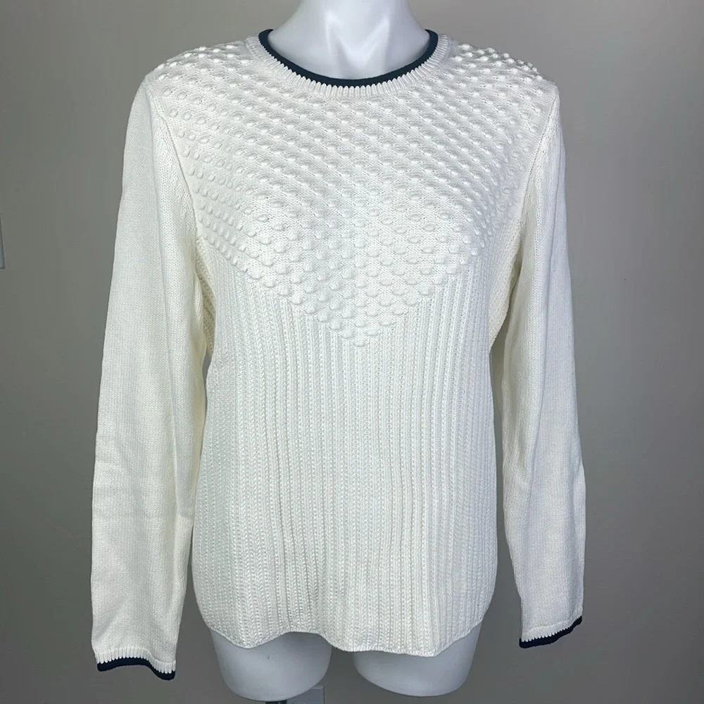 Talbots Mixed Stitch Sweater Ivory Indigo Blue